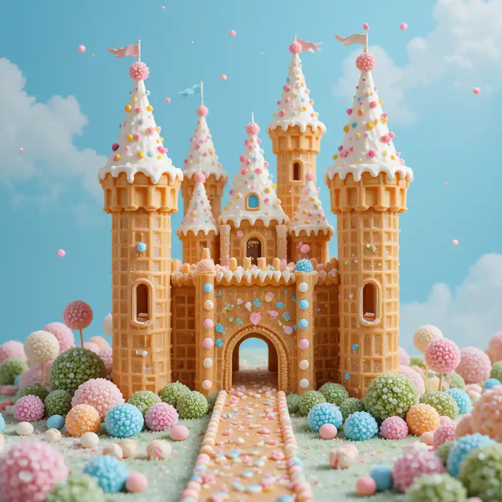 Castillo de Gofres Fantasioso en un Paisaje de Dulces en Tonos Pastel
