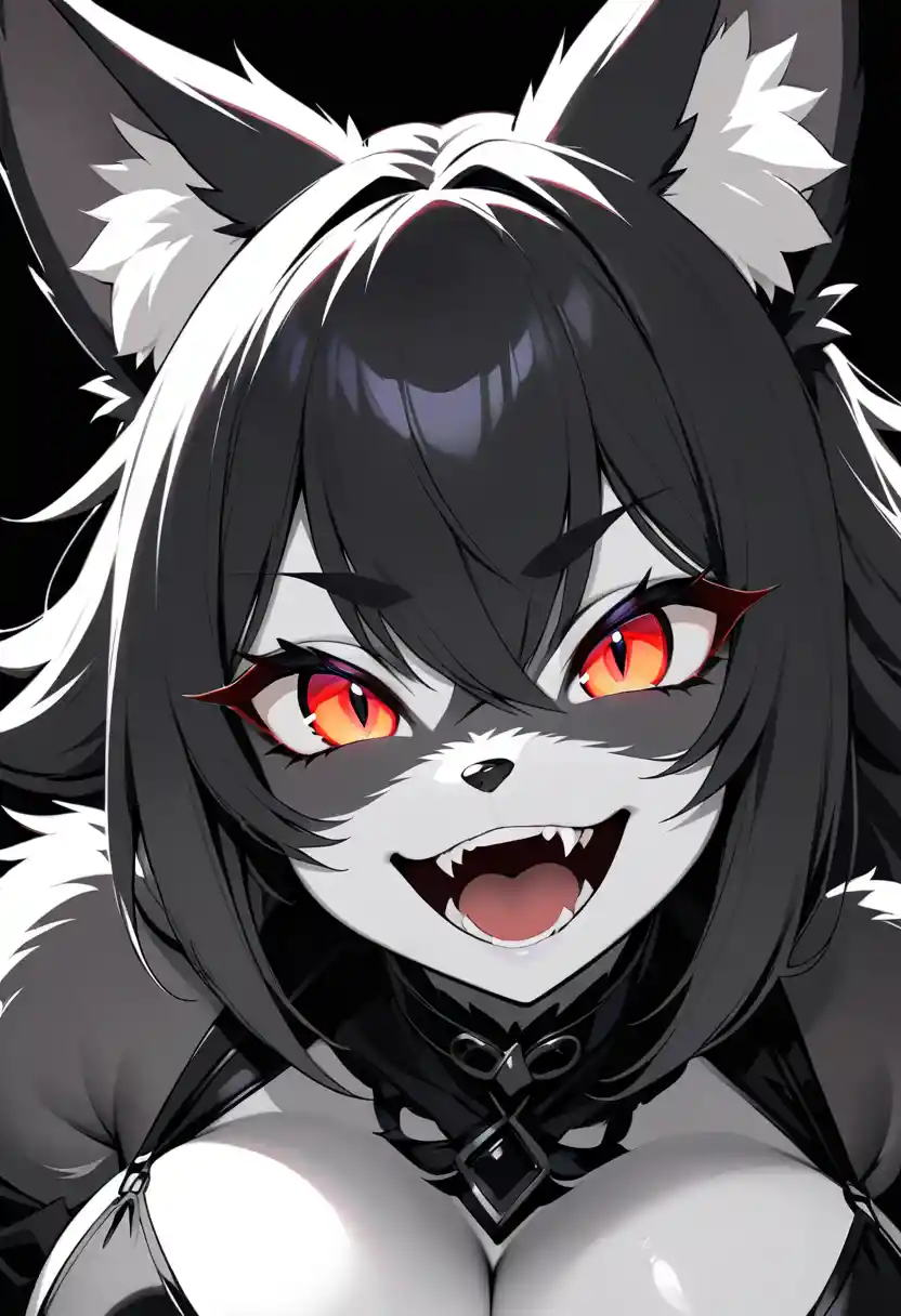 Gothic black fox woman with glowing golden red eyes