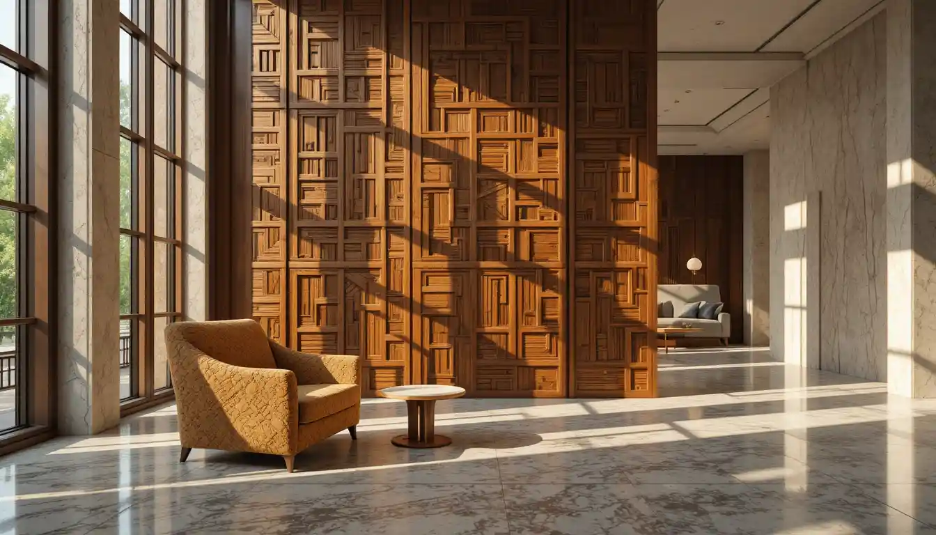 Warm modern lounge with wooden partition and armchair