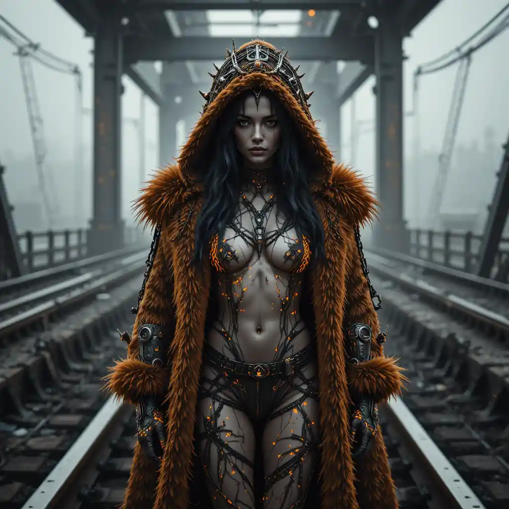 Cyberpunk woman on mag rail platform in glitching light