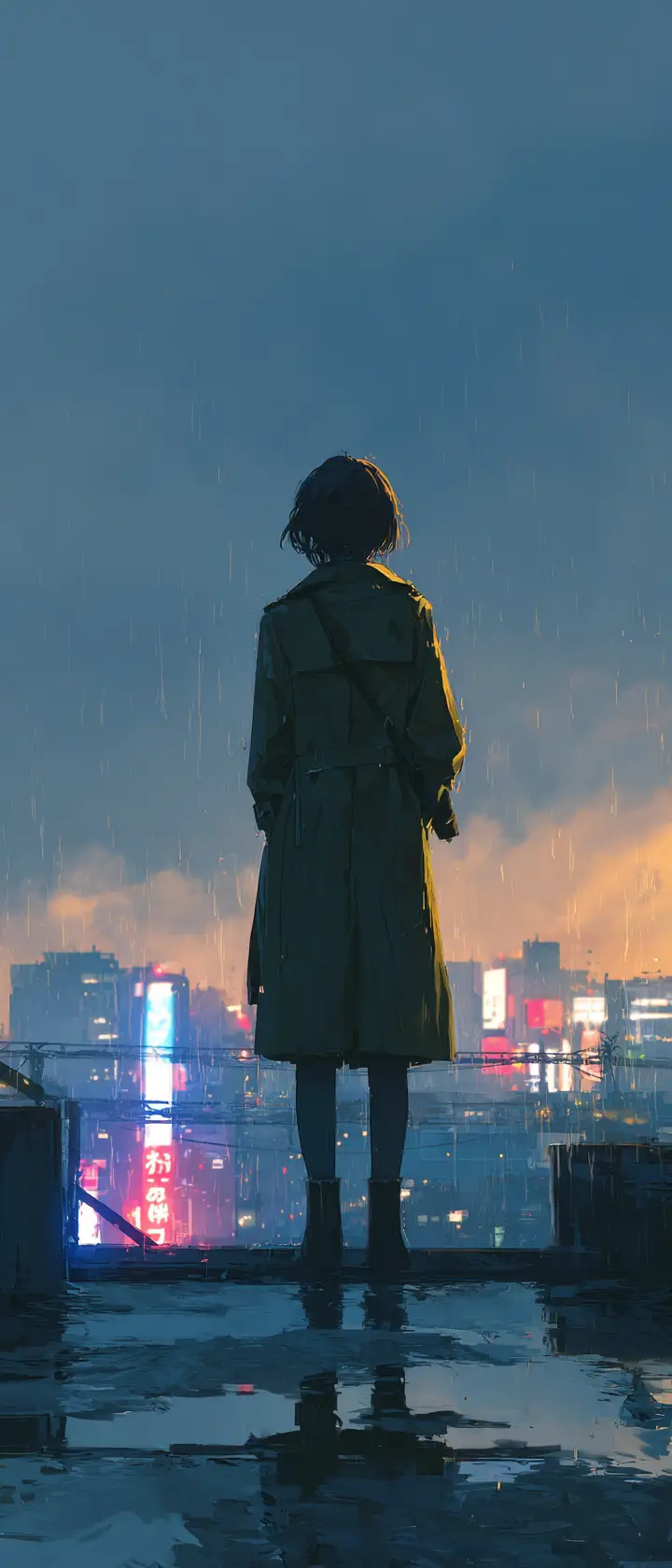 Lonely woman on rainy city bridge at gray dusk