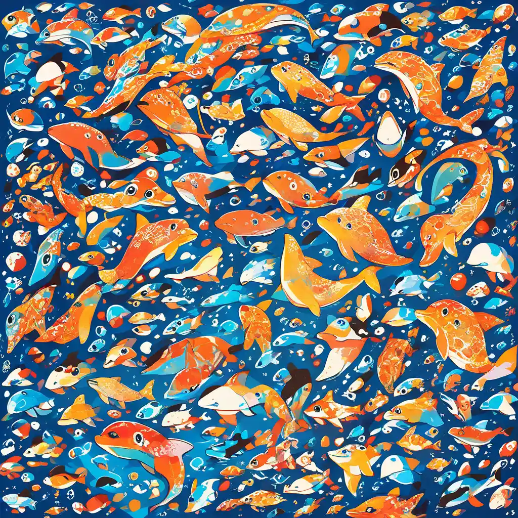 Playful dolphin family swimming together in a colorful ocean