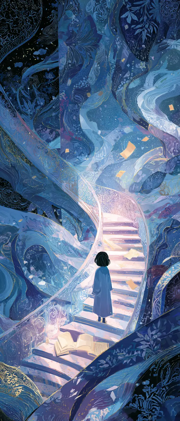 Woman ascending endless marble stairs toward starry sky