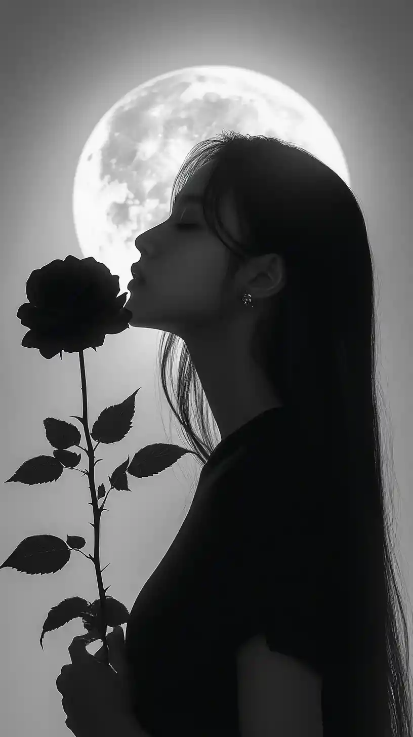 Young woman with black rose under a luminous full moon