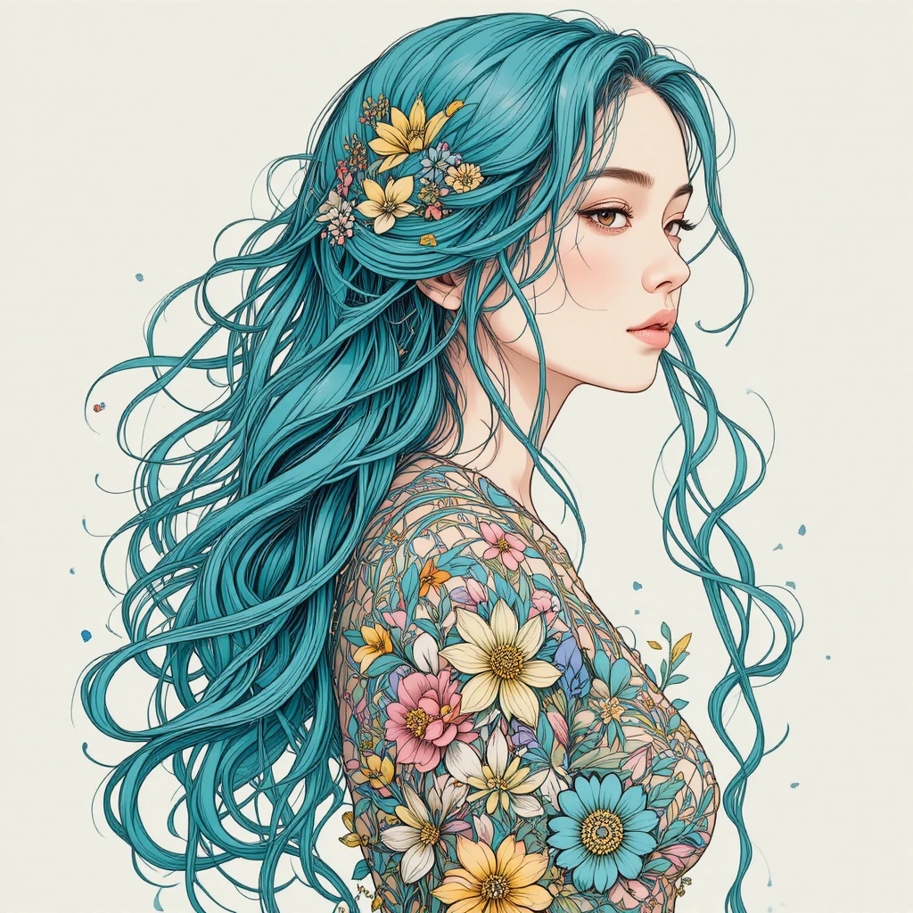 Serene young woman with teal hair in floral patterned dress