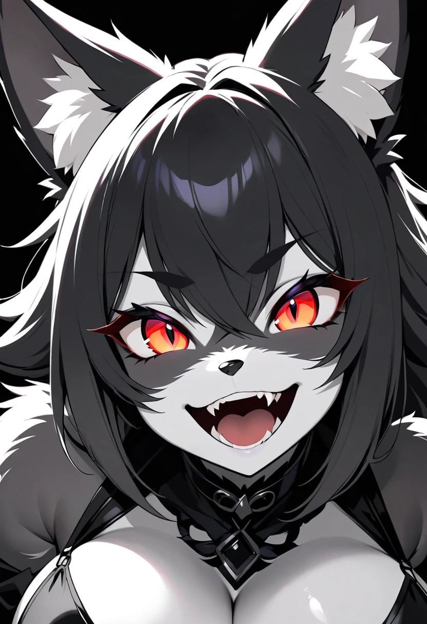Gothic black fox woman with glowing golden red eyes