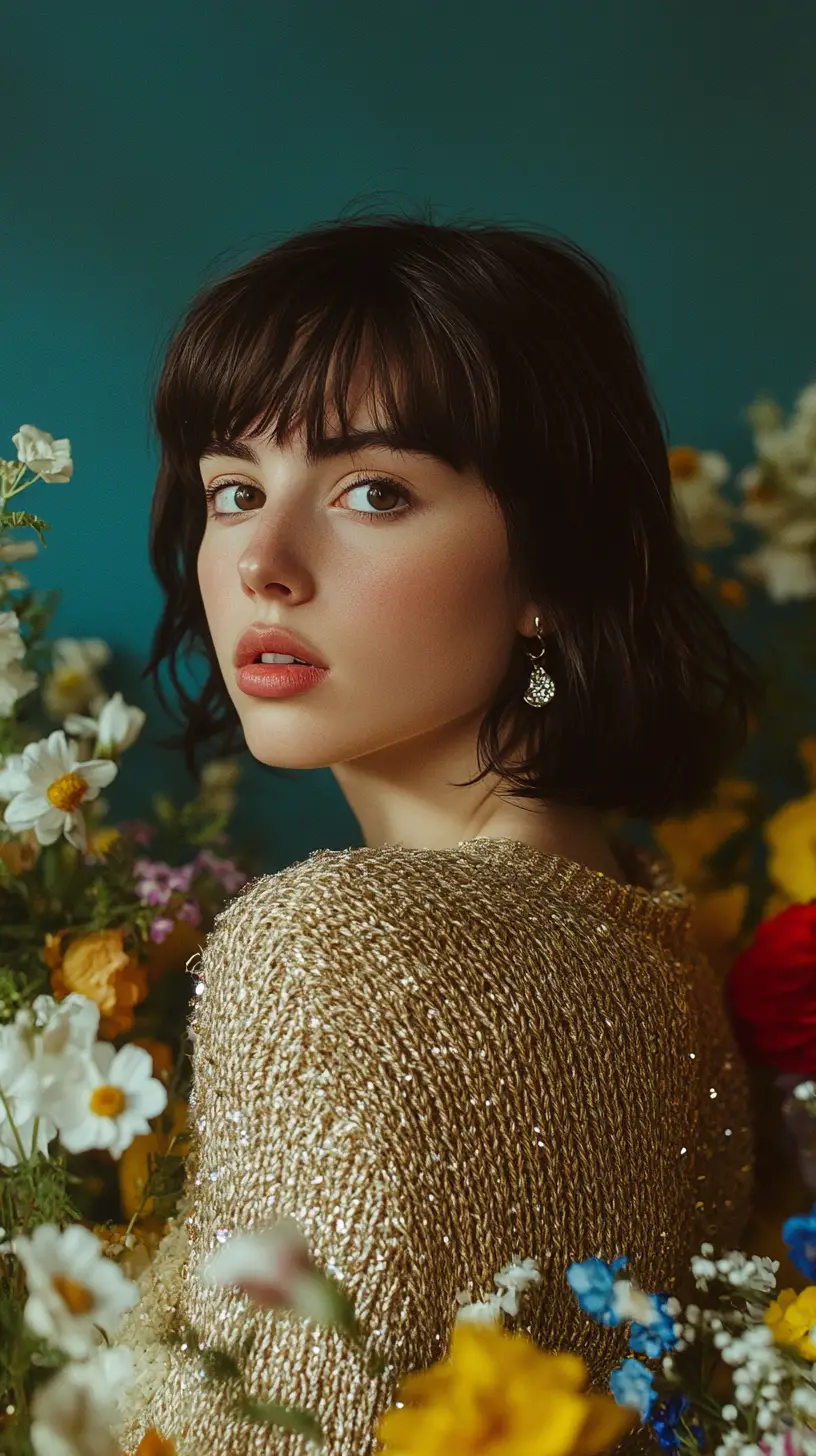Anime woman in golden sweater among vibrant flowers