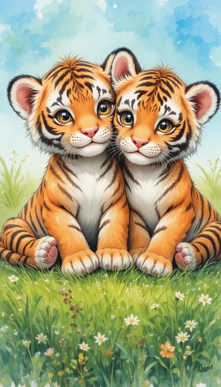 Due dolci cuccioli di tigre che si coccolano in un prato soleggiato