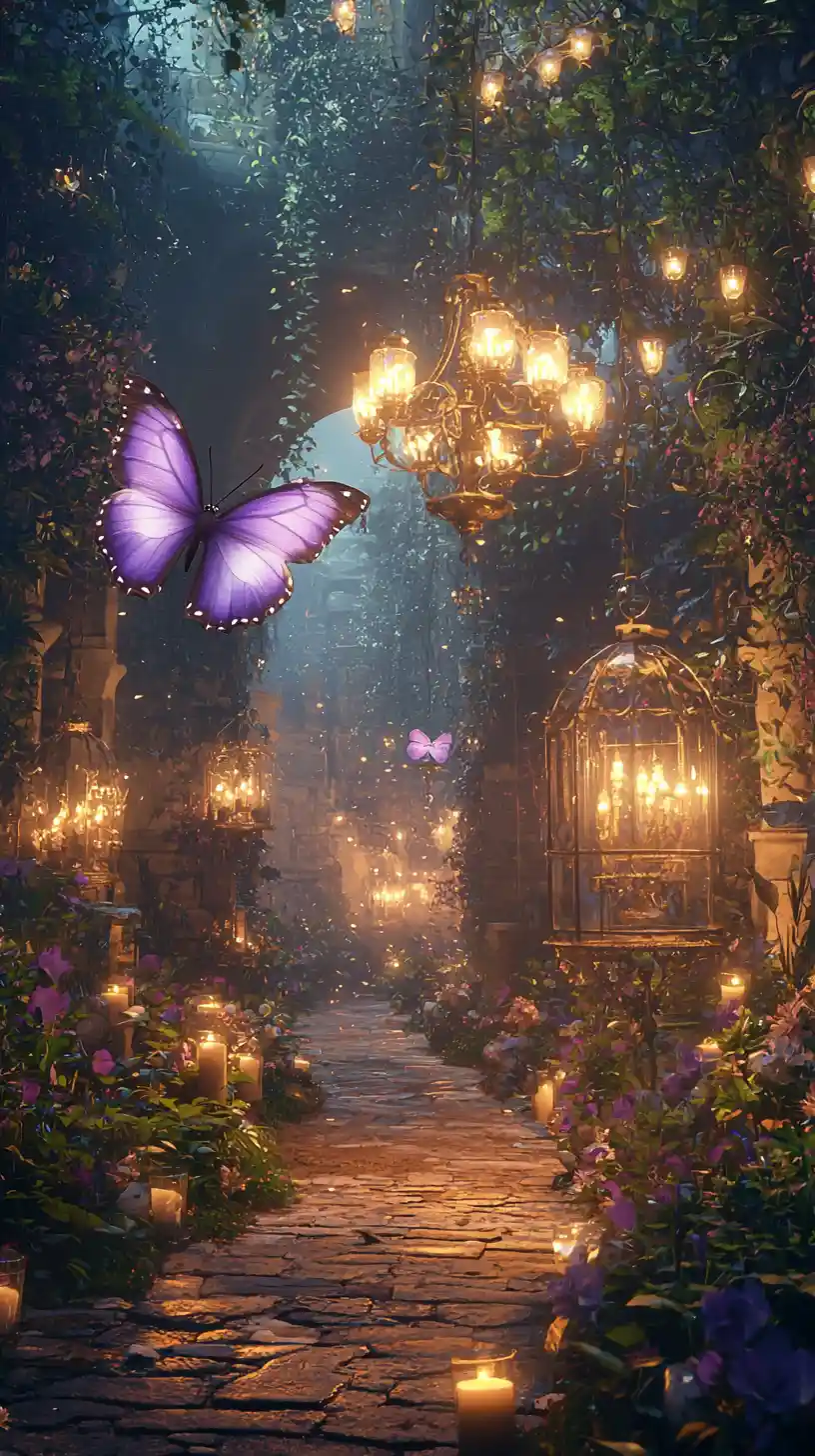 Giardino incantato al crepuscolo con candele luminose e farfalla