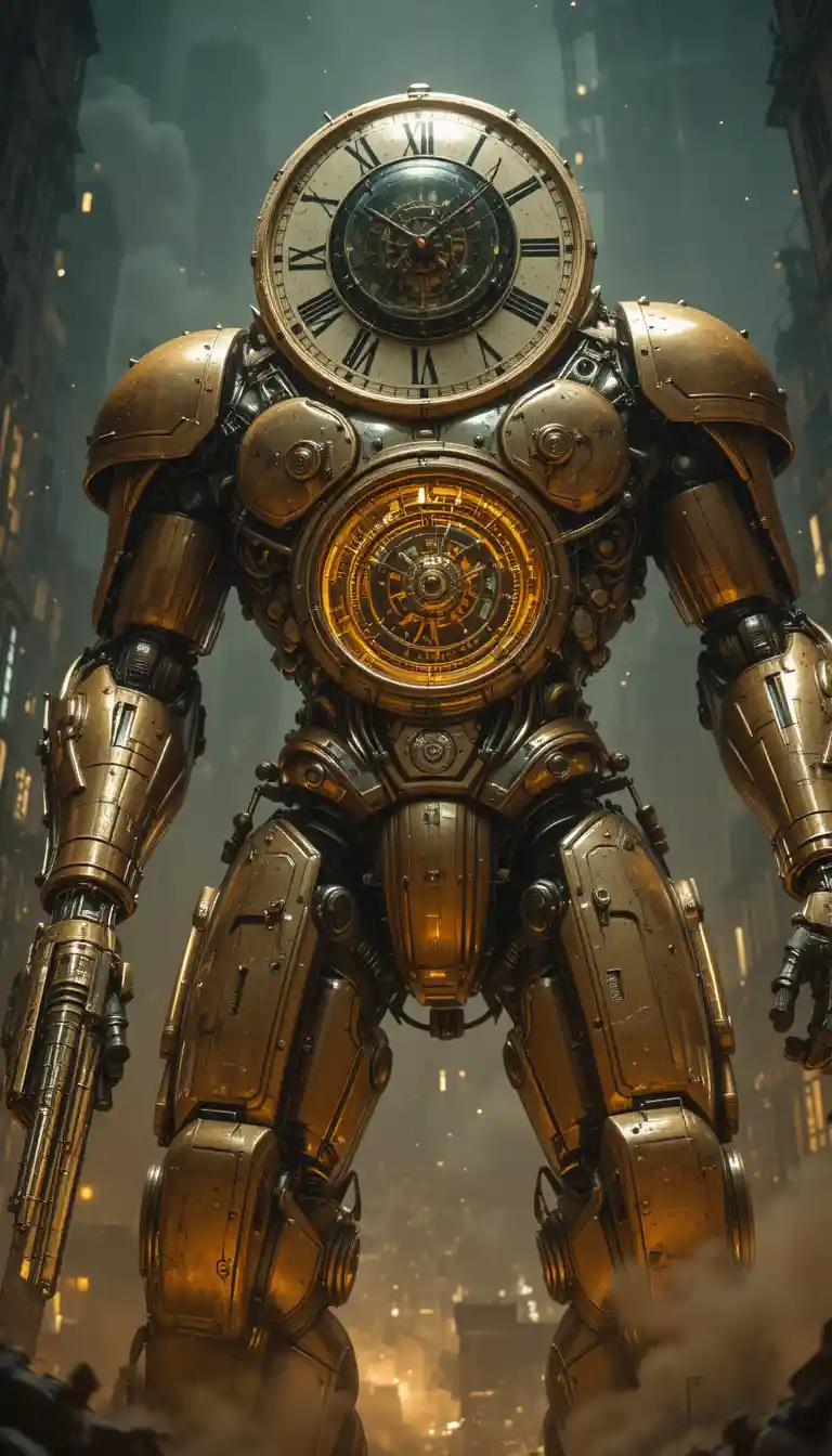 Colossal clock headed mech towering over ruined futuristic city