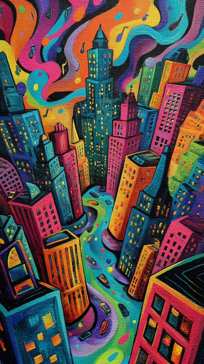Abstract musical cityscape with liquid light streets