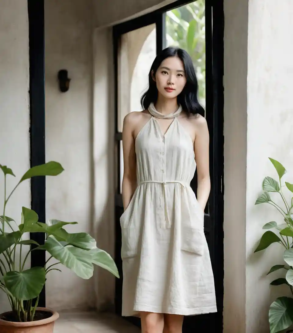 Vietnamese woman in linen dress in minimalist earth walled room