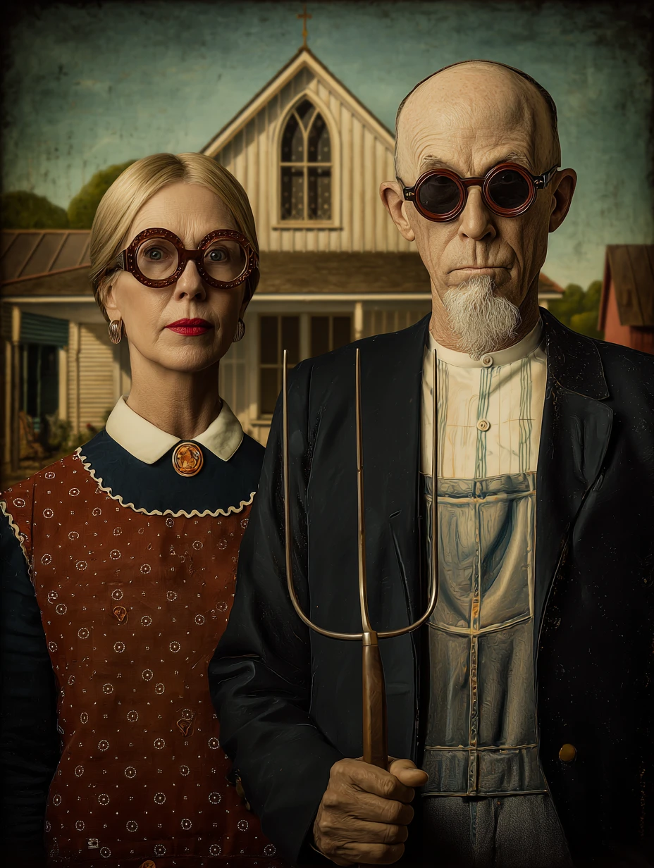 Stylish american gothic couple in a modern fairytale scene