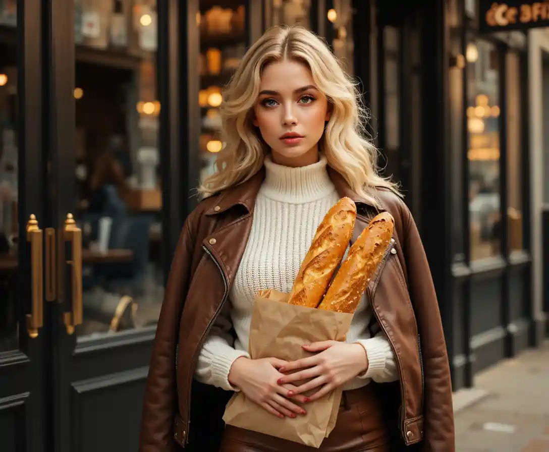 Elegante donna bionda con baguette in un caffè moderno