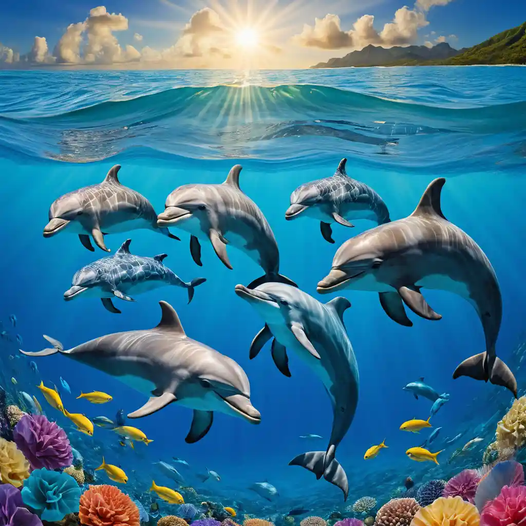 Playful dolphin family swimming in a colorful ocean