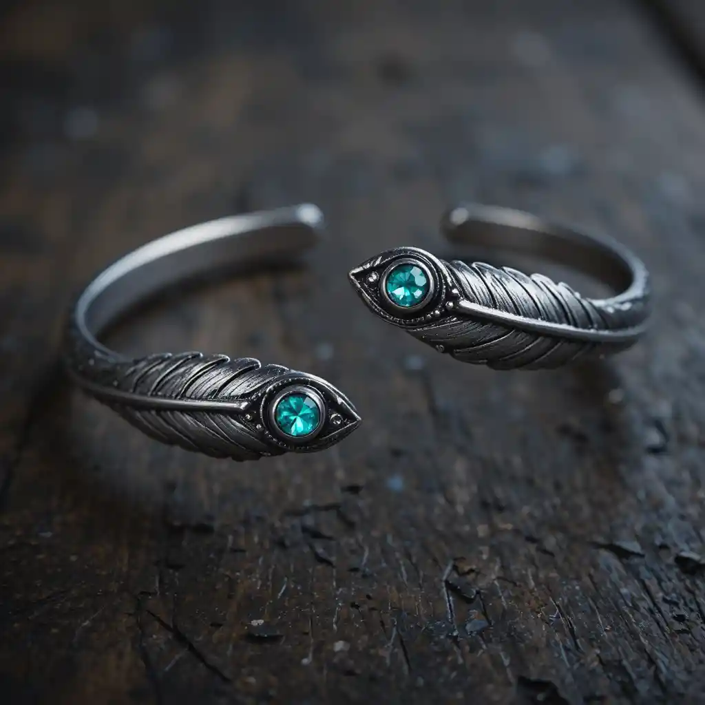Silver feather cuff bracelet with teal gemstones on wood