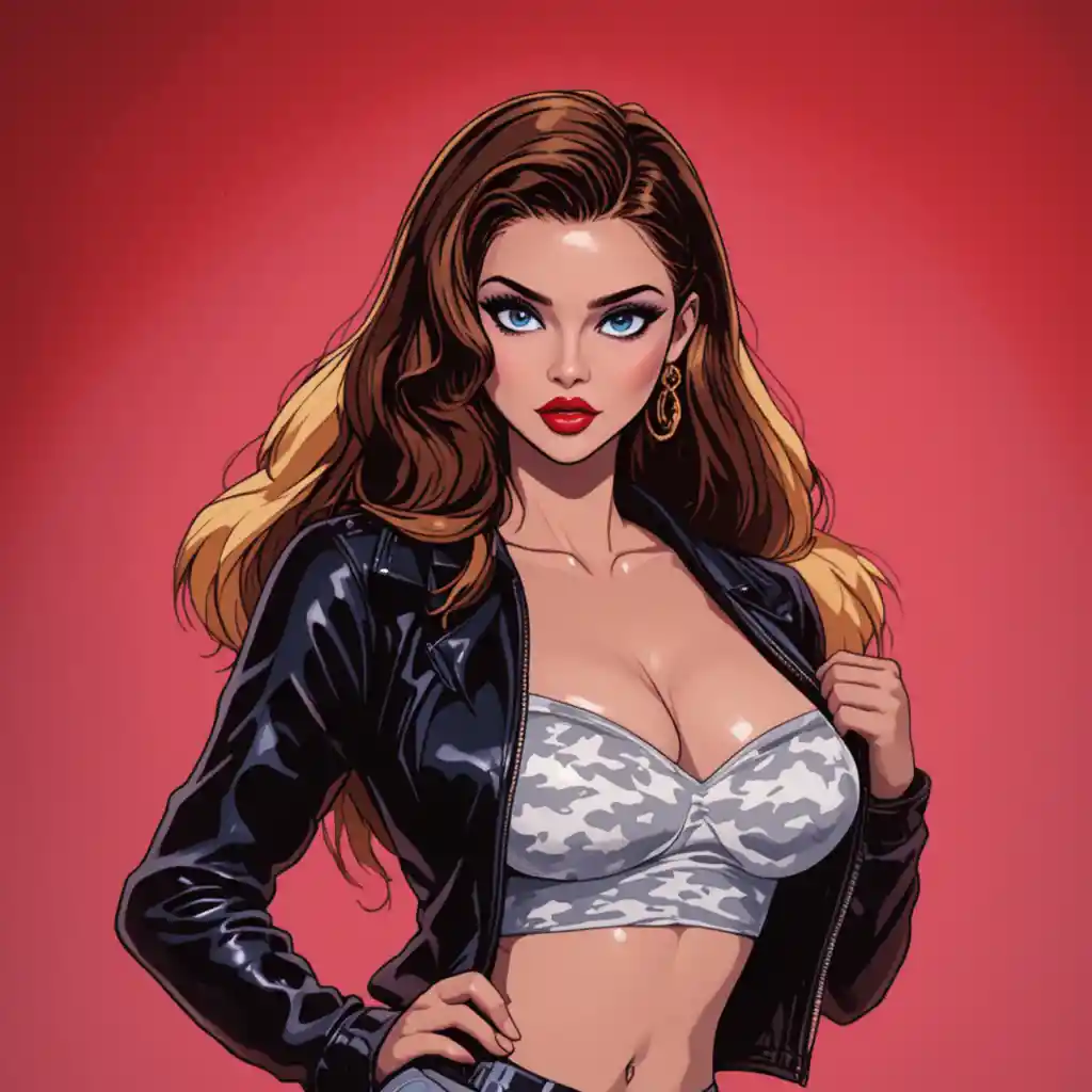 Donna bionda con giacca di pelle che posa su sfondo rosso