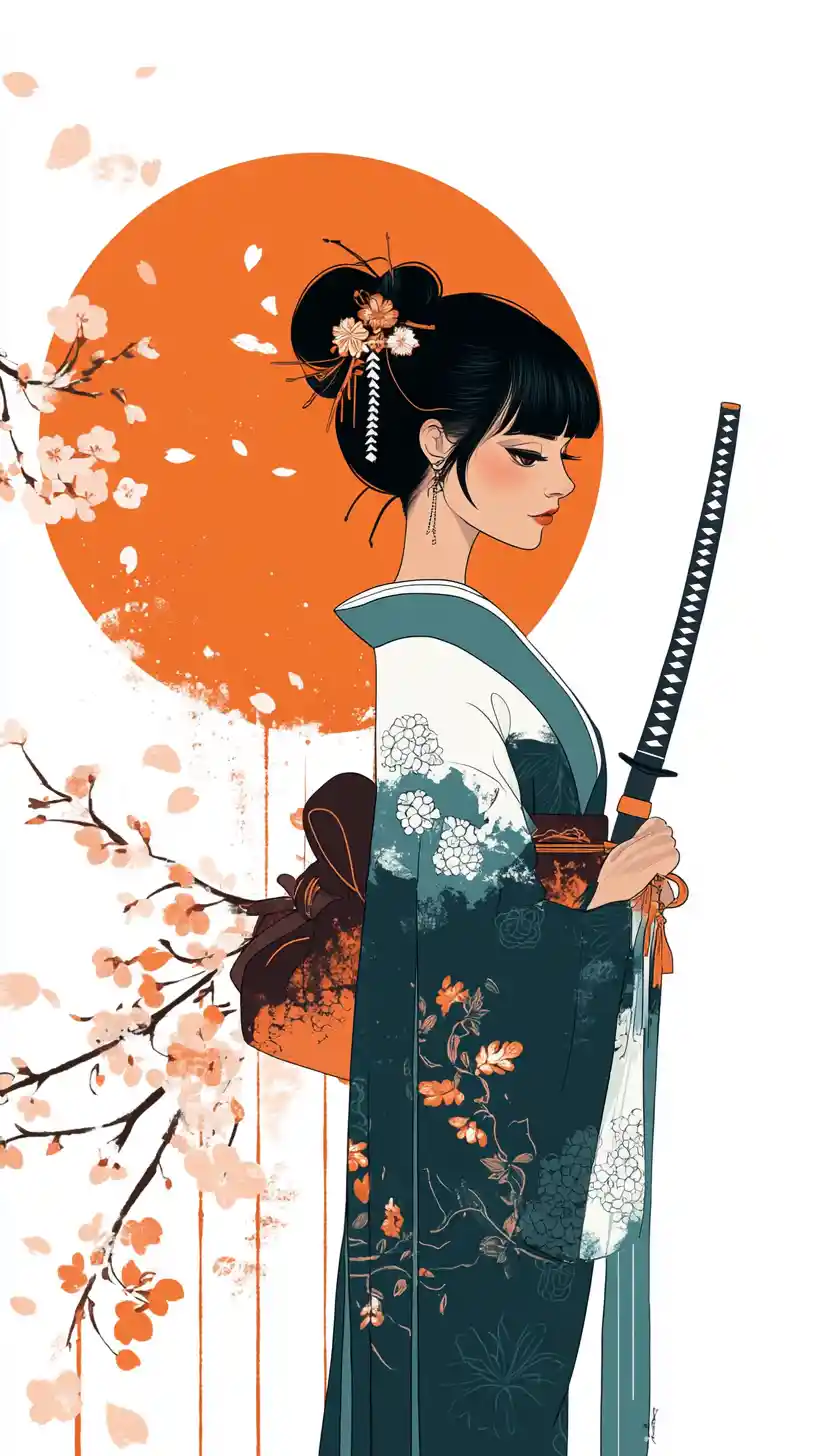 Elegant anime samurai woman in traditional teal and orange kimono