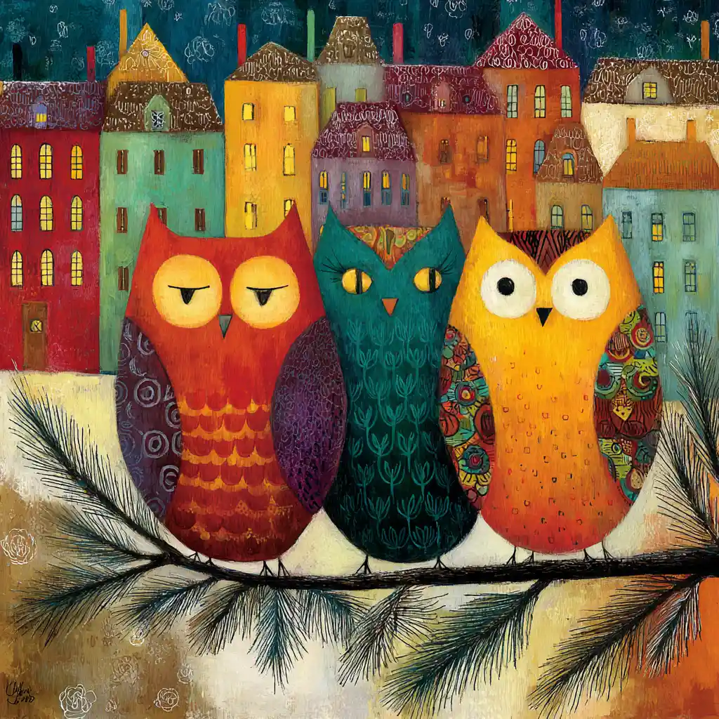 Chouettes au visage de chat perchées au-dessus d’une ville colorée