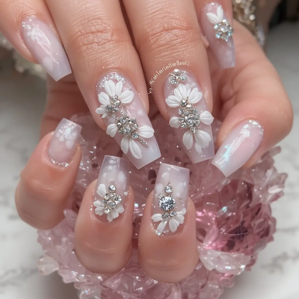 Uñas stiletto de novia con flores y detalles de pedrería