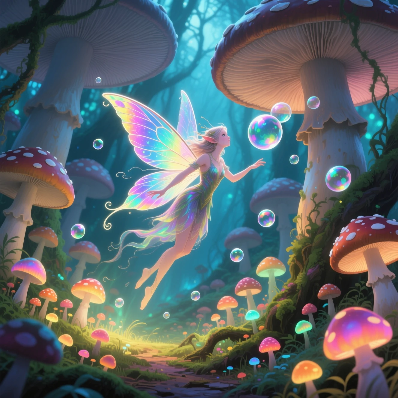 Fata che fluttua in una foresta di funghi bioluminescenti luminosi