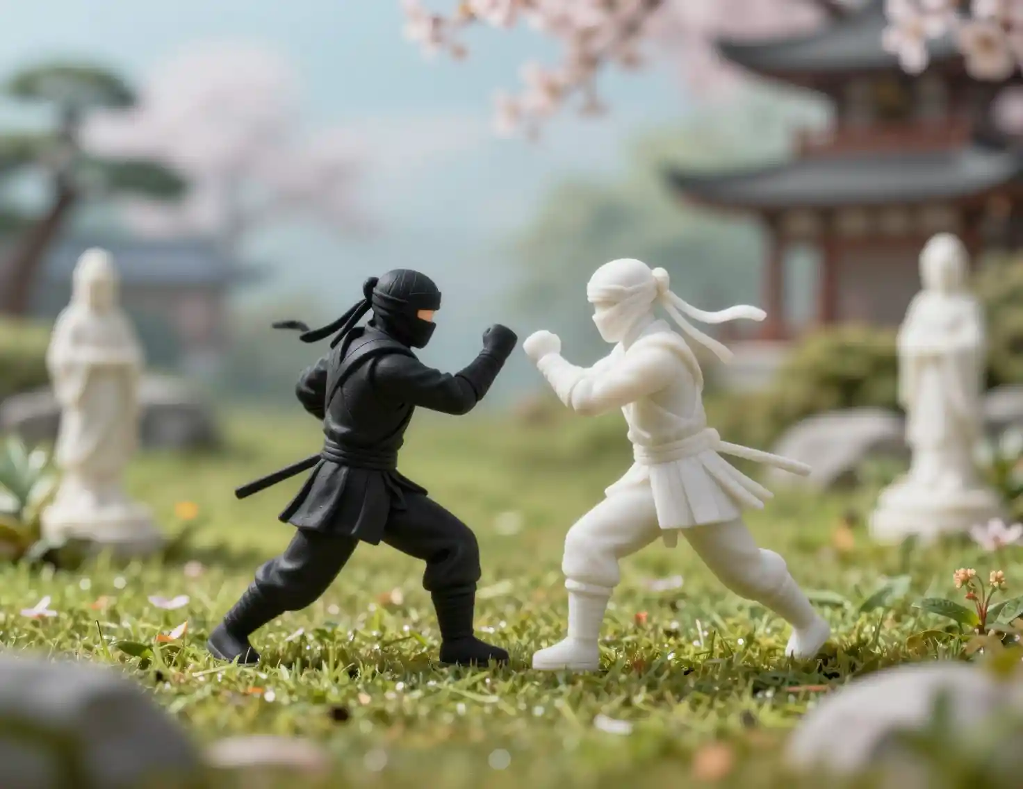 Duel de ninjas en marbre dans une scène miniature de prairie luxuriante