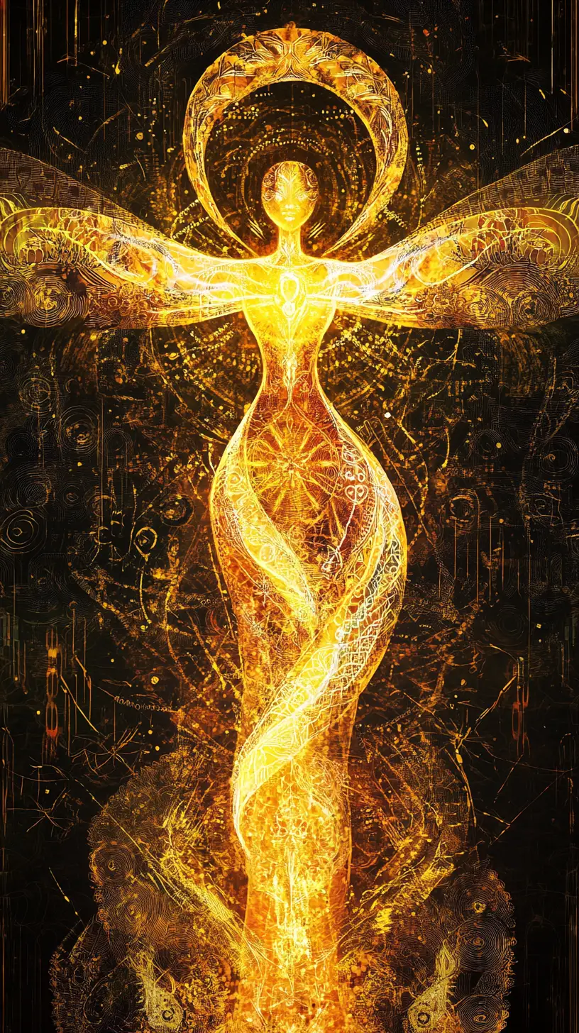 Mystical serpentine spirit glowing with golden firefly light