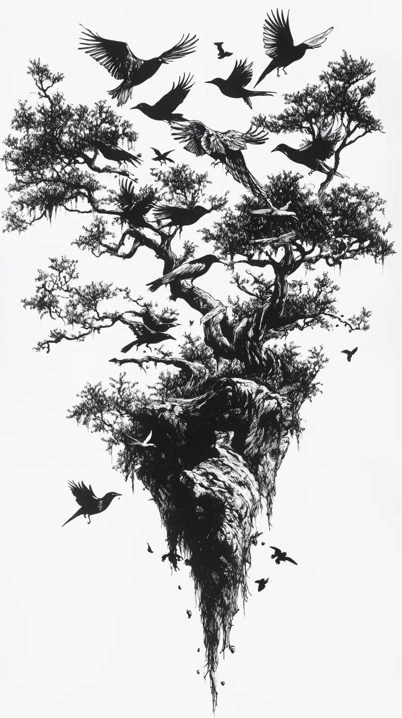 鳥と木々が隠れた形をつくるシュールなインク錯視アート