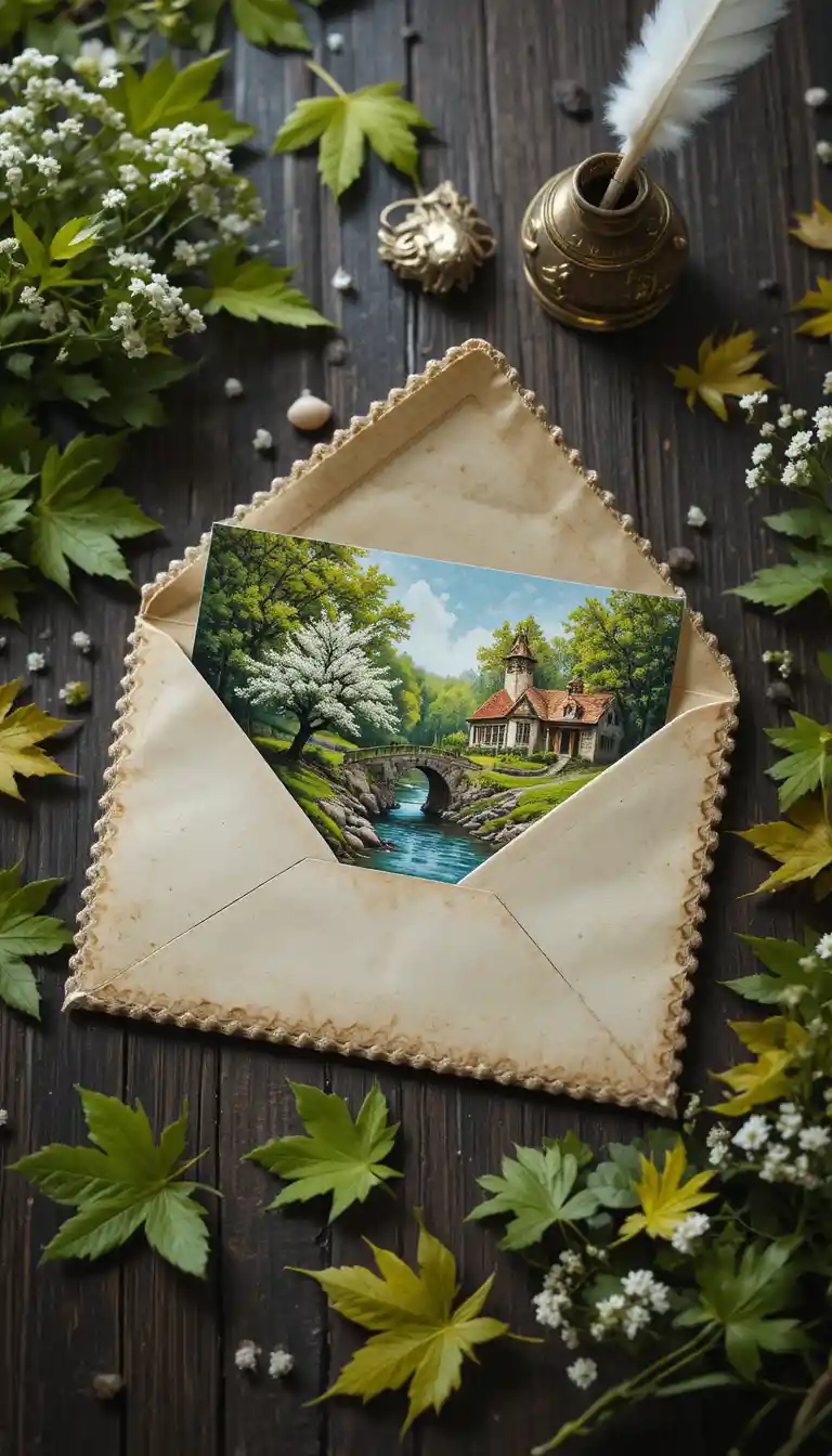Vintage envelope with spring landscape painting on wooden desk