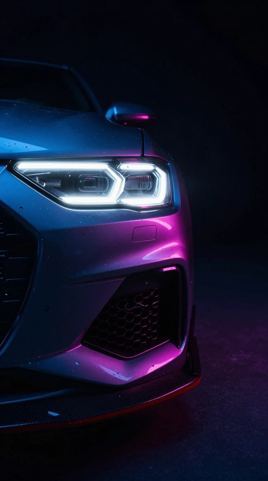Aggressive sports car bursting forward with neon reflections