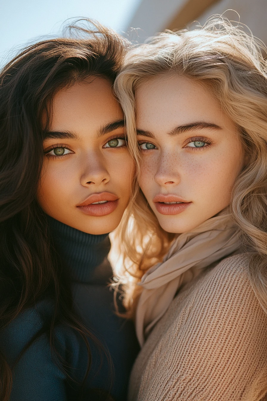 Two young women embracing on a sunlit balcony