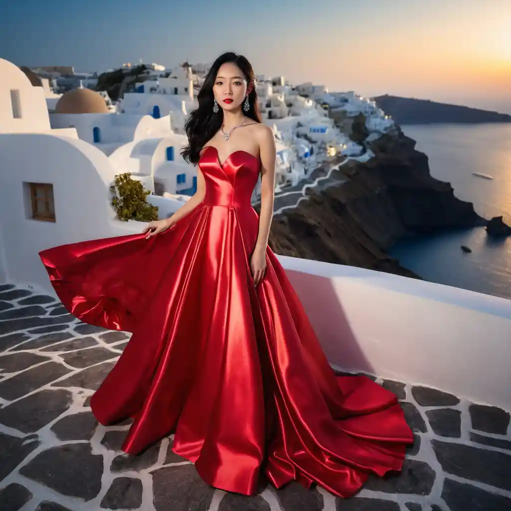 Elegante chica japonesa con vestido de satén rojo de noche