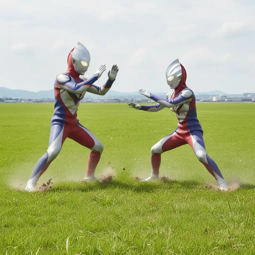 Two giant superheroes battling on a wide green field
