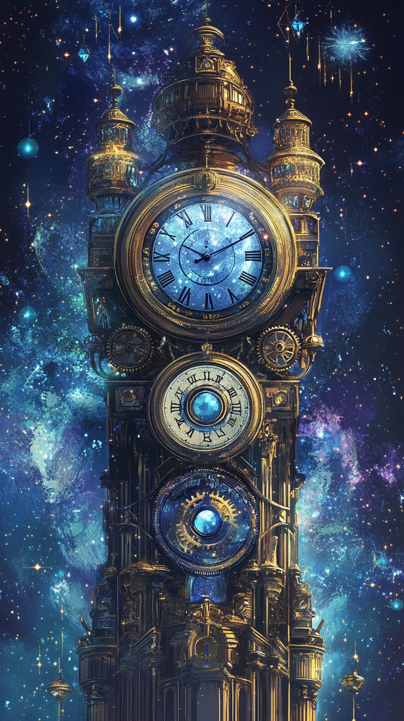 Surrealer Steampunk-Uhrturm mit beobachtenden Augen im Weltraum