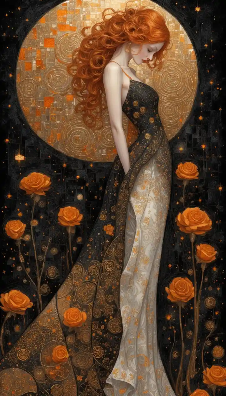 Melancholic red haired woman before a glowing golden moon