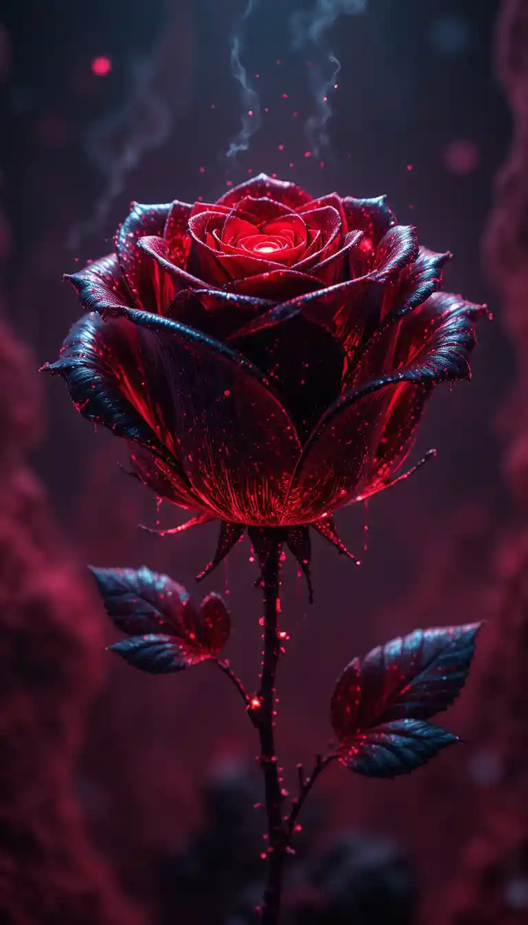 Glowing Black Rose With Red Light In Dark Abstract Space