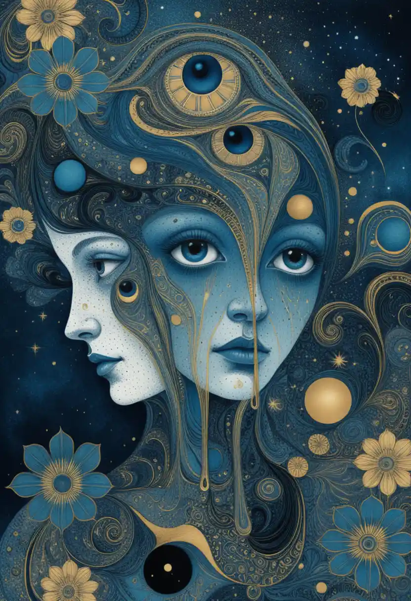 Surreal female faces merging with cosmic abstract shapes