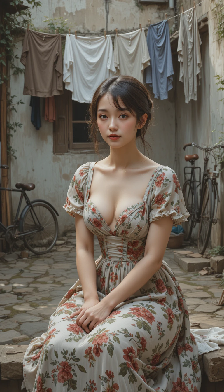 Young woman resting in a floral dress in a courtyard