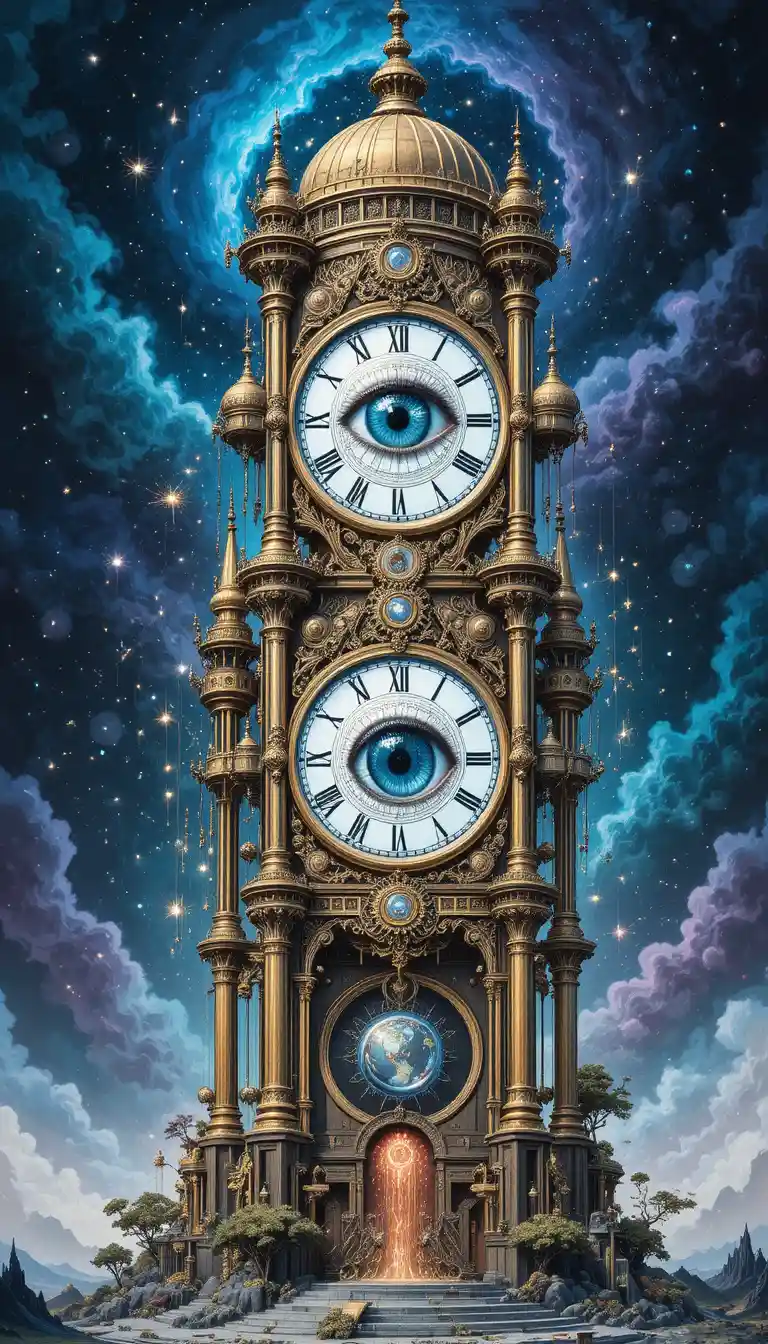 Surrealer Steampunk-Uhrenturm mit wachenden kosmischen Augen
