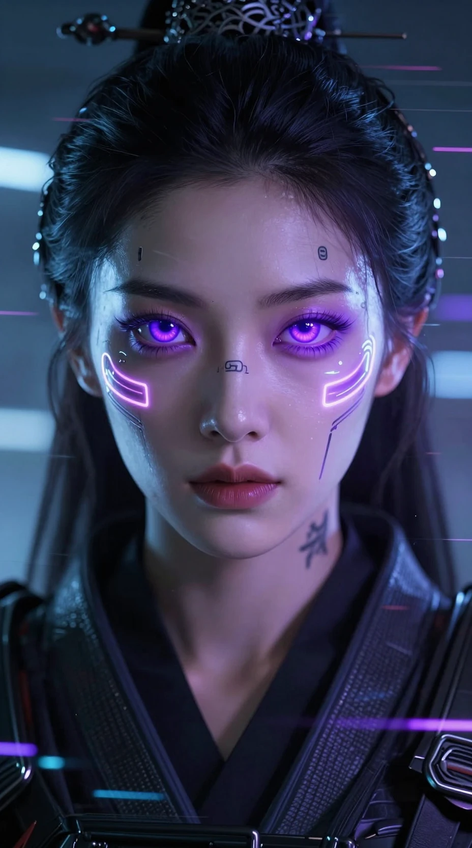 Visage de femme samouraï cybernétique émergeant d’un écran numérique lumineux