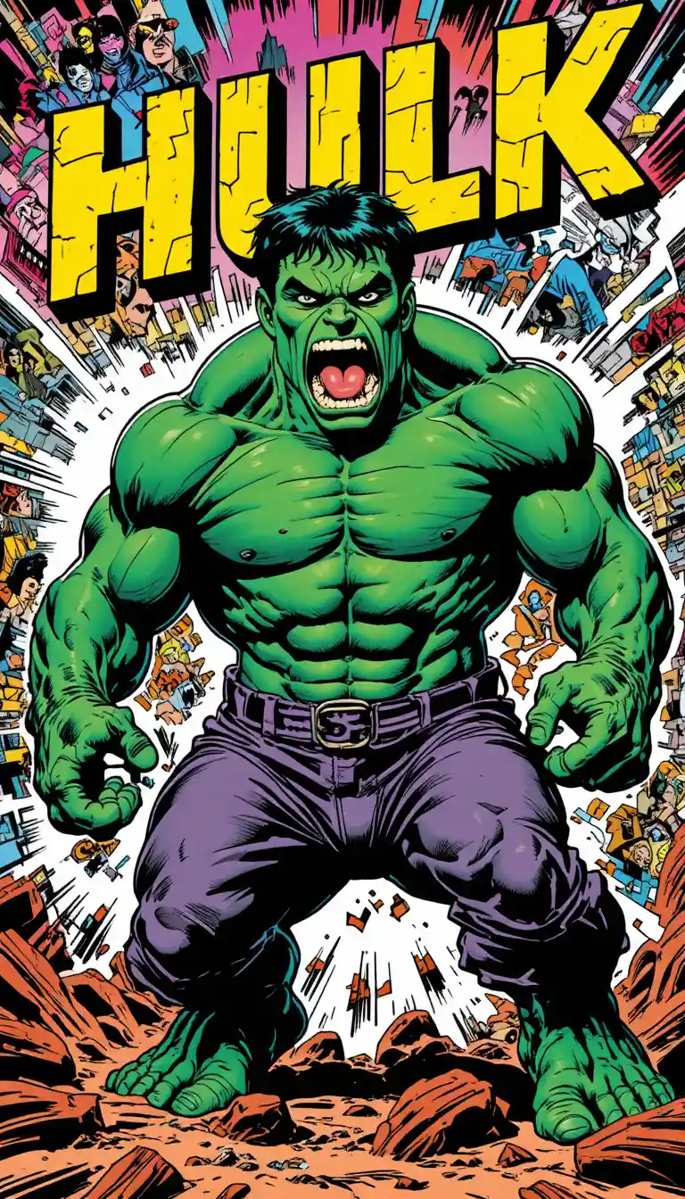 Savage grey hulk style superhero in retro comic action