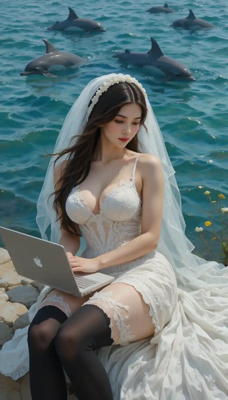 Jeune femme en robe de mariée au bord de la mer avec ordinateur portable