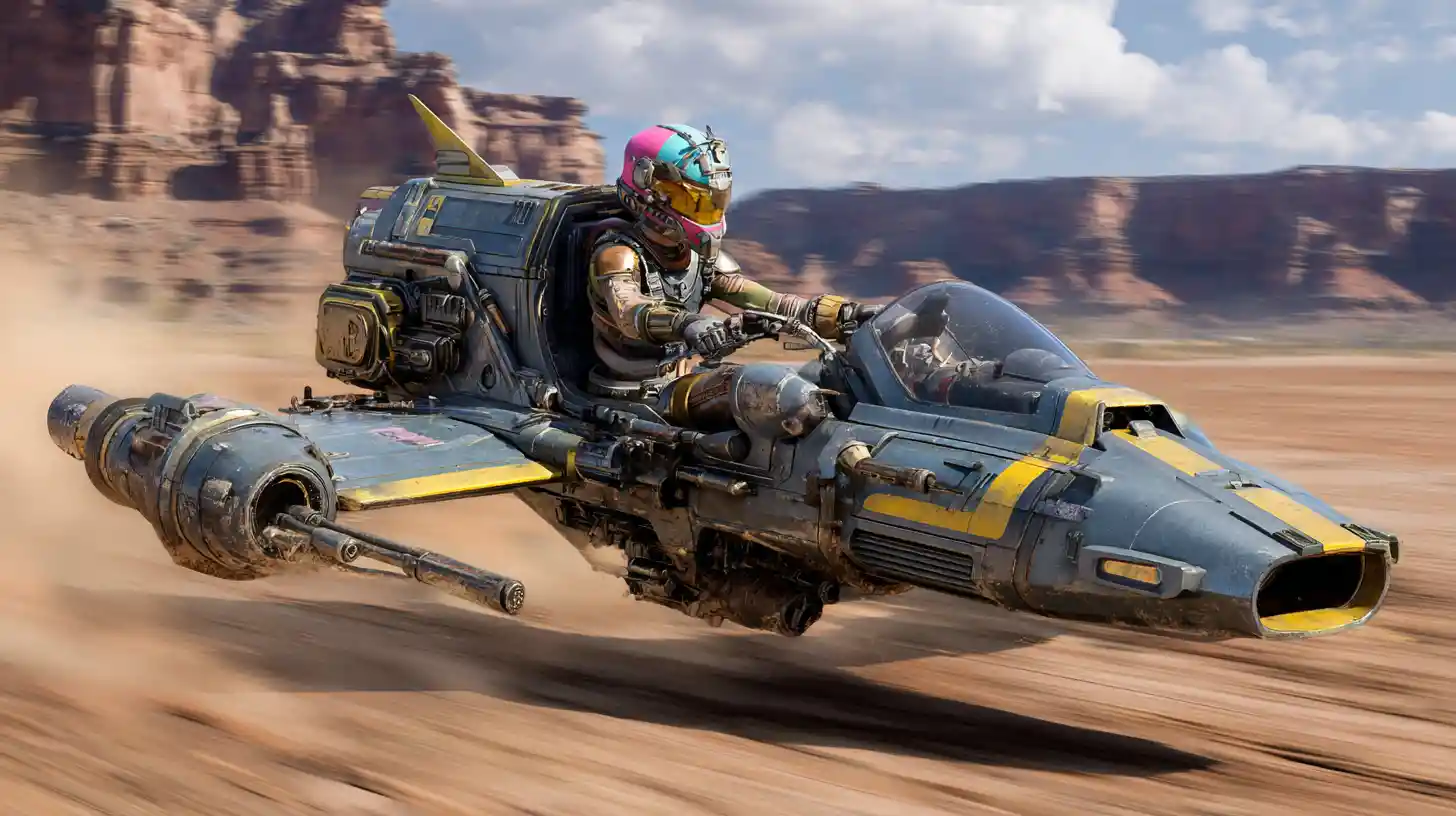 Single seat hyper speeder racing across a dusty desert