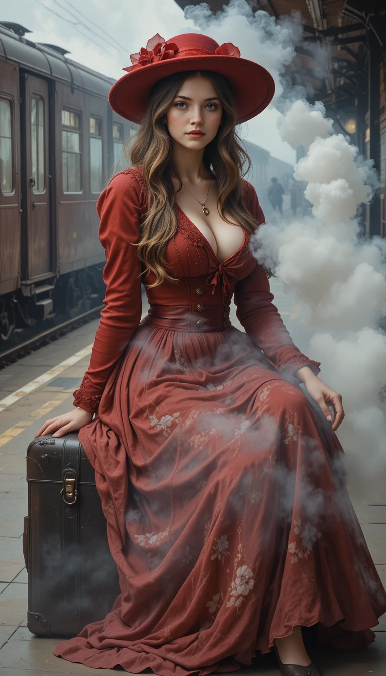 身穿紅色維多利亞風洋裝的年輕女子在火車站
