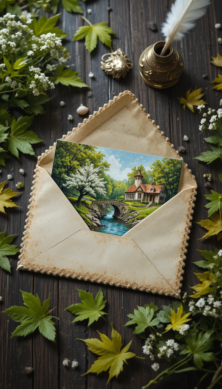 Vintage envelope with spring landscape painting on wooden desk