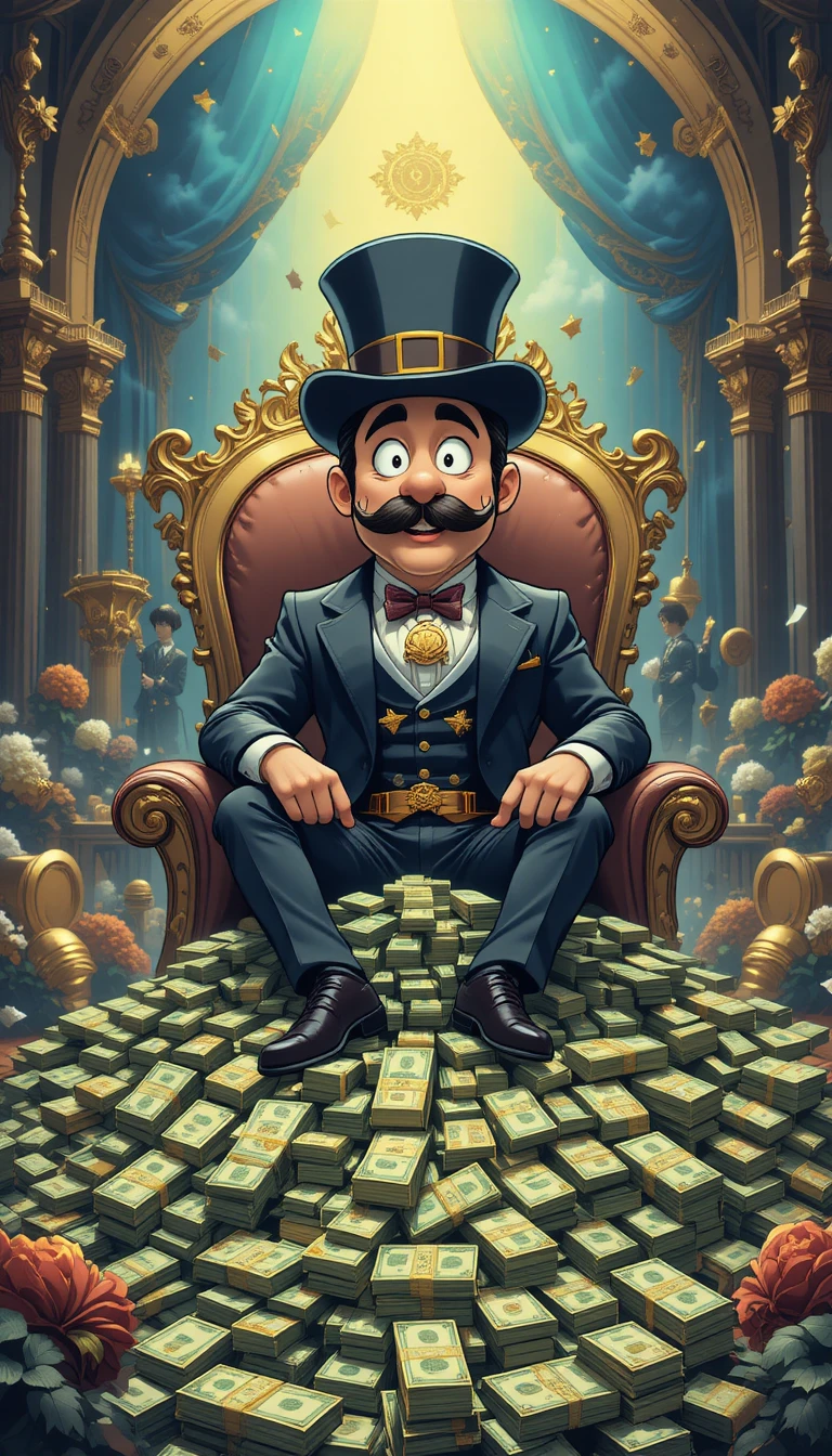 Magnate a cartone animato seduto su una torre di denaro