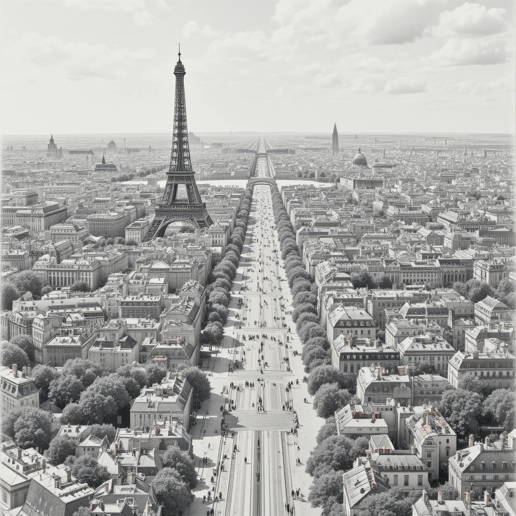 Graphite cityscape of Paris with Eiffel Tower and avenue