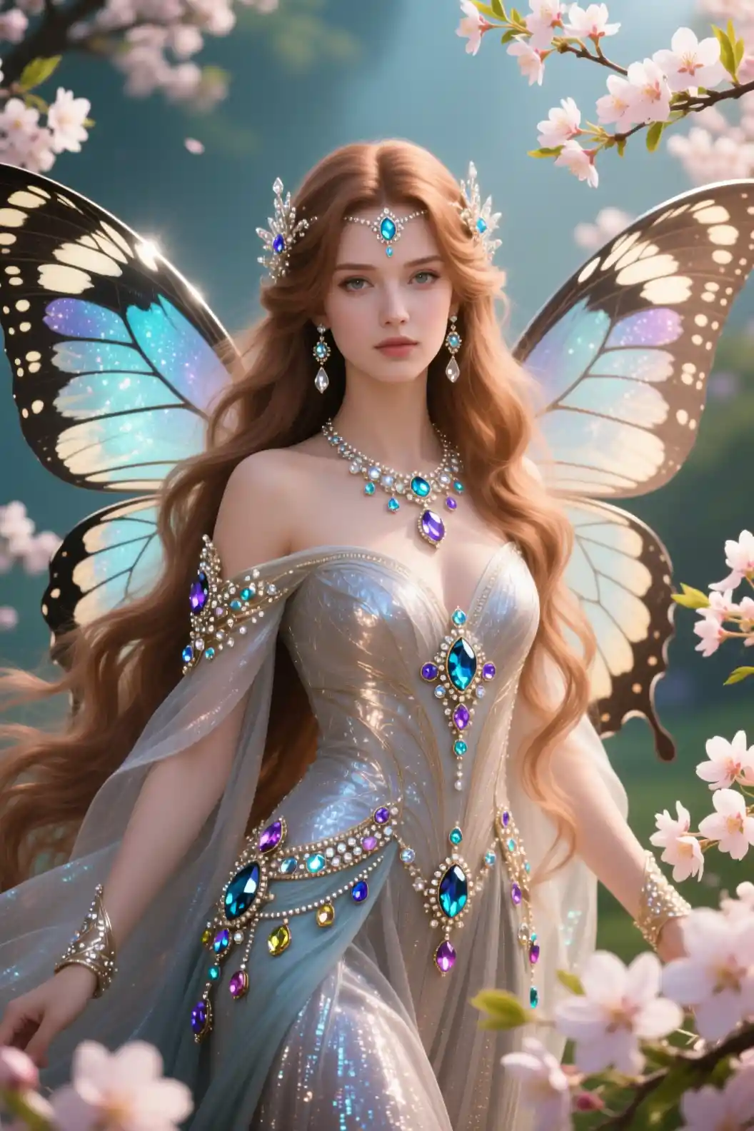 Ethereal spring goddess with jeweled wings facing the viewer
