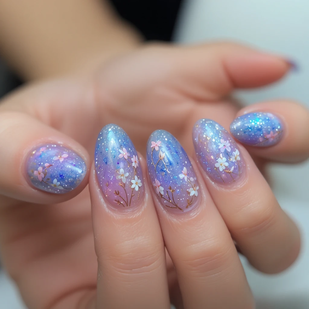 Primer plano de manos manicuradas con uñas ombré florales