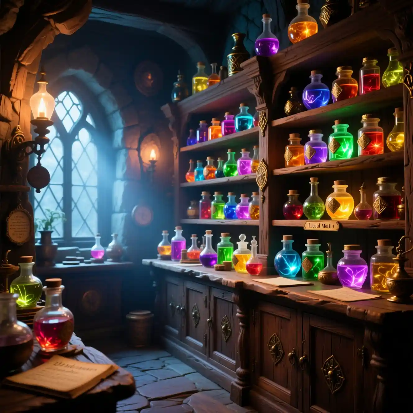 Mystische Apotheke mit leuchtenden Elixiergläsern in den Regalen